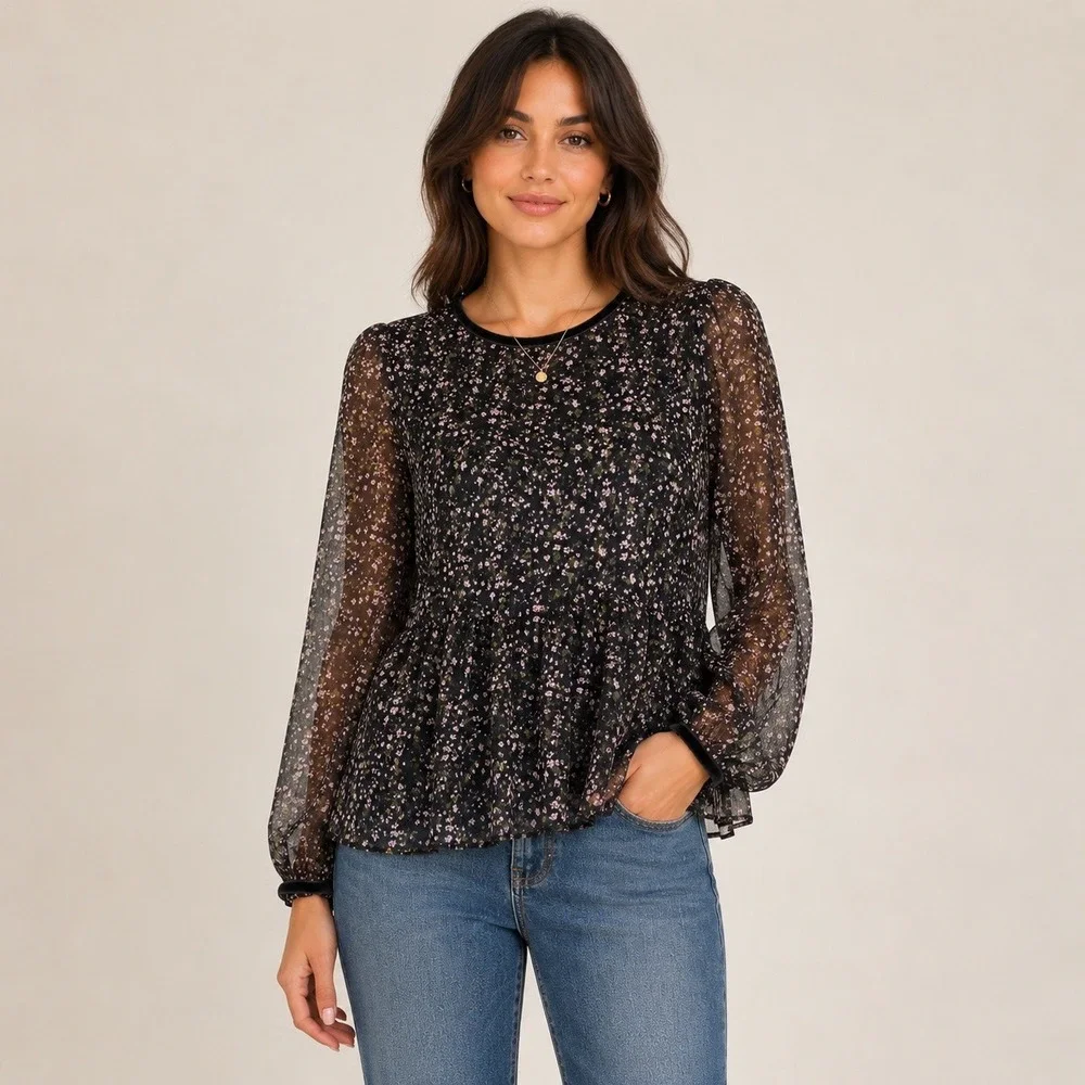 LOFT Black Pink Floral Chiffon Peplum Blouse Sz S Romantic Cottage Whimsigoth